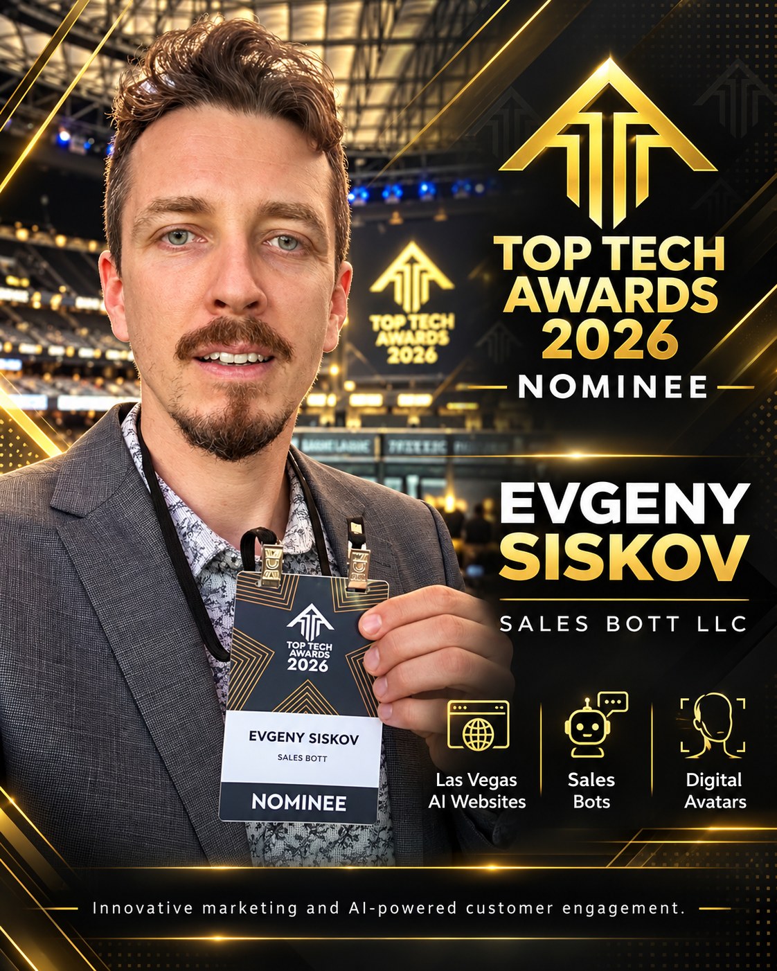Evgeny Siskov of Sales Bott LLC holding his Top Tech Awards 2026 Nominee badge