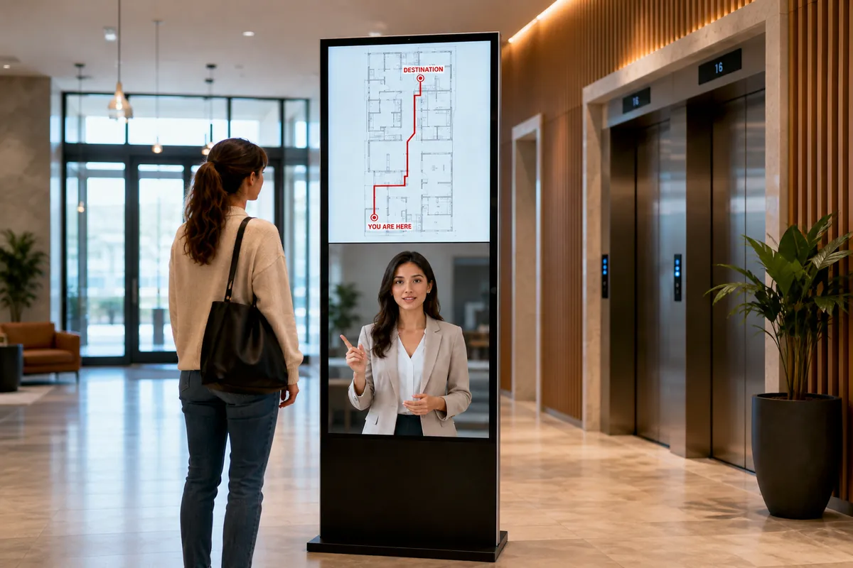 Lobby concierge kiosk showing a building floor-plan wayfinding map with a red route from You Are Here to Destination above a friendly female AI concierge in a beige blazer, with a visitor watching in a bright modern lobby
