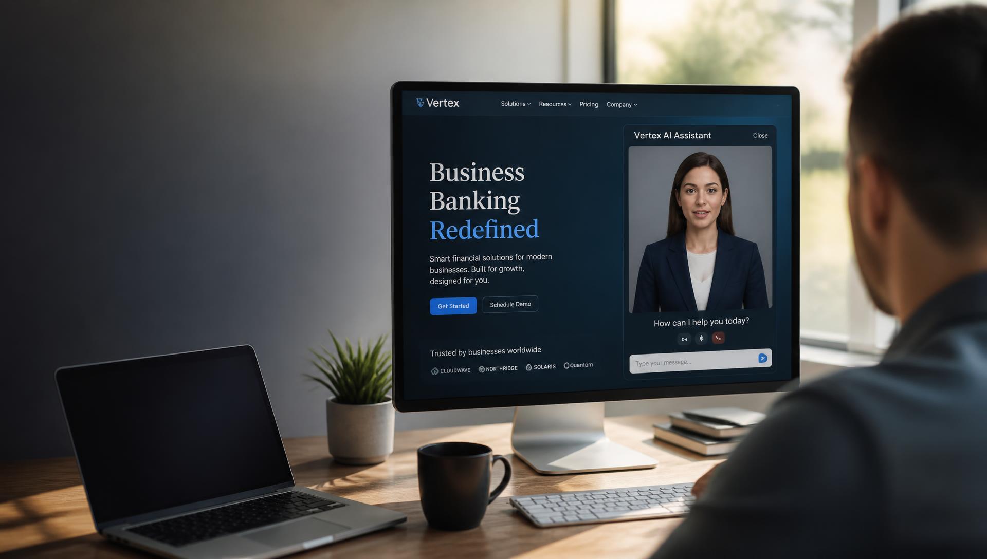 Modern office desk with a monitor showing a business website and an open AI chat panel with a friendly assistant while the business owner watches