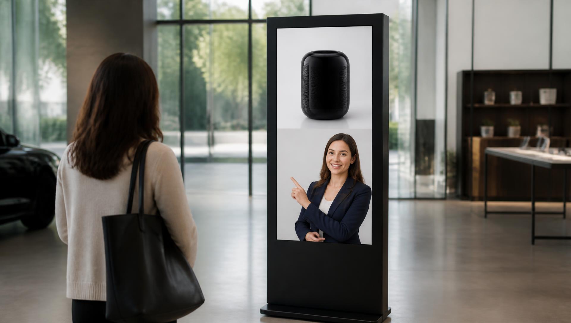 Tall split-screen AI kiosk in a bright modern showroom showing a product above a friendly human presenter while a customer looks at it