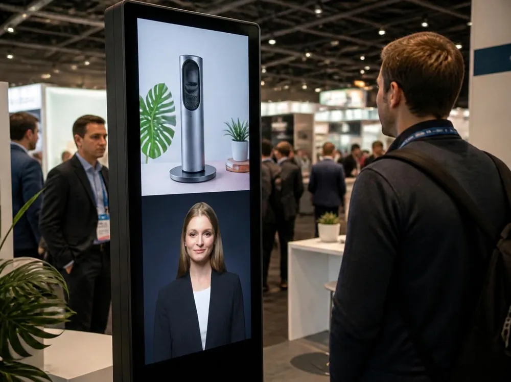 Six-foot portrait kiosk in a convention hall showing the blonde Sales Bott avatar in a dark blazer