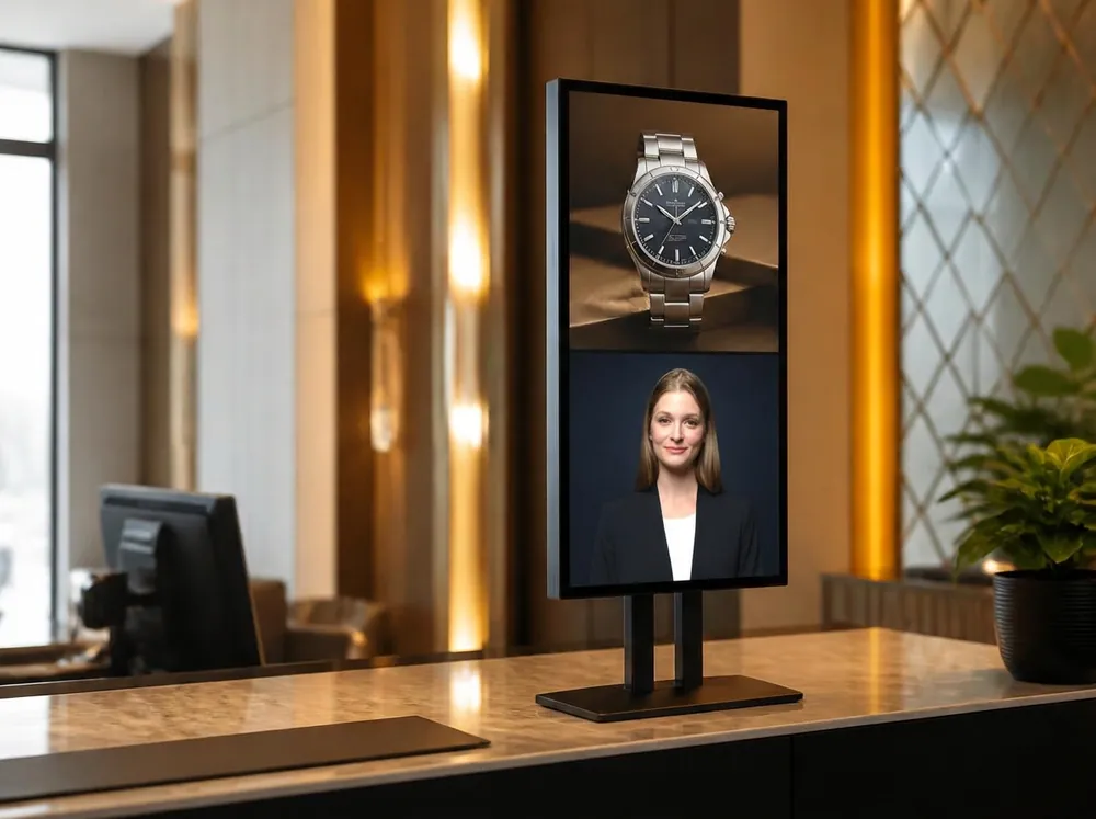 Countertop portrait screen showing the blonde Sales Bott avatar in a dark blazer