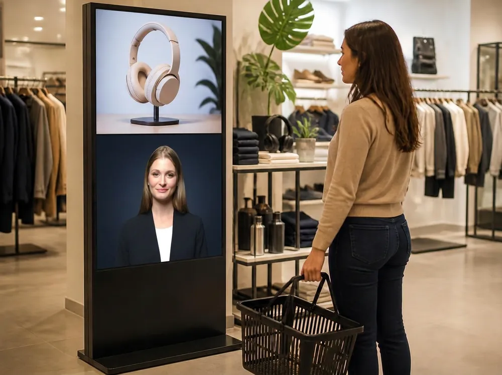 Full-size retail kiosk showing the blonde Sales Bott avatar beside a shopper