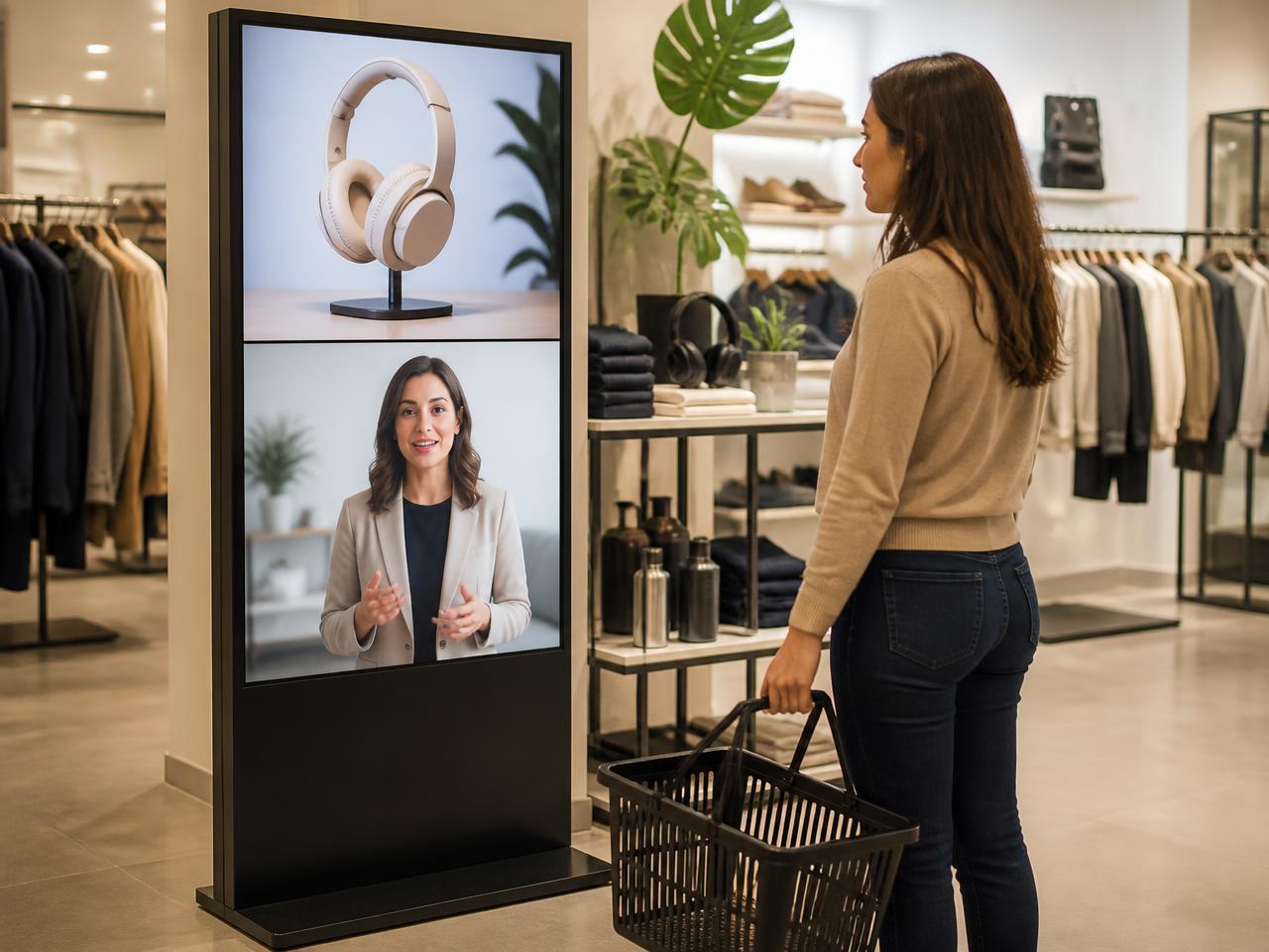 Shopper with a basket talking to a split-screen Sales Bott kiosk showing a product and a human presenter in a retail store