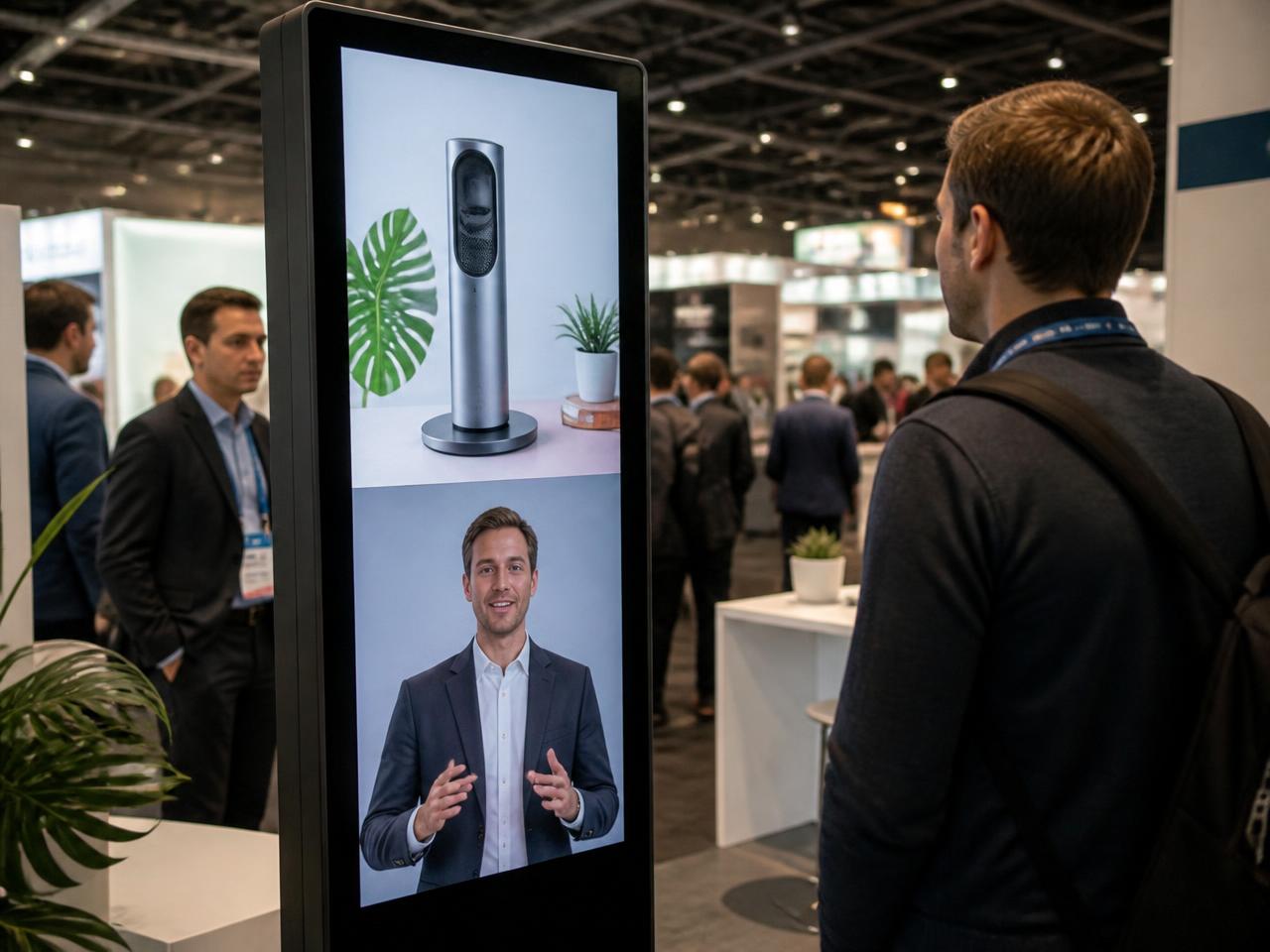 Trade show attendee wearing a lanyard interacting with a split-screen Sales Bott kiosk showing a product and a human presenter at an expo booth