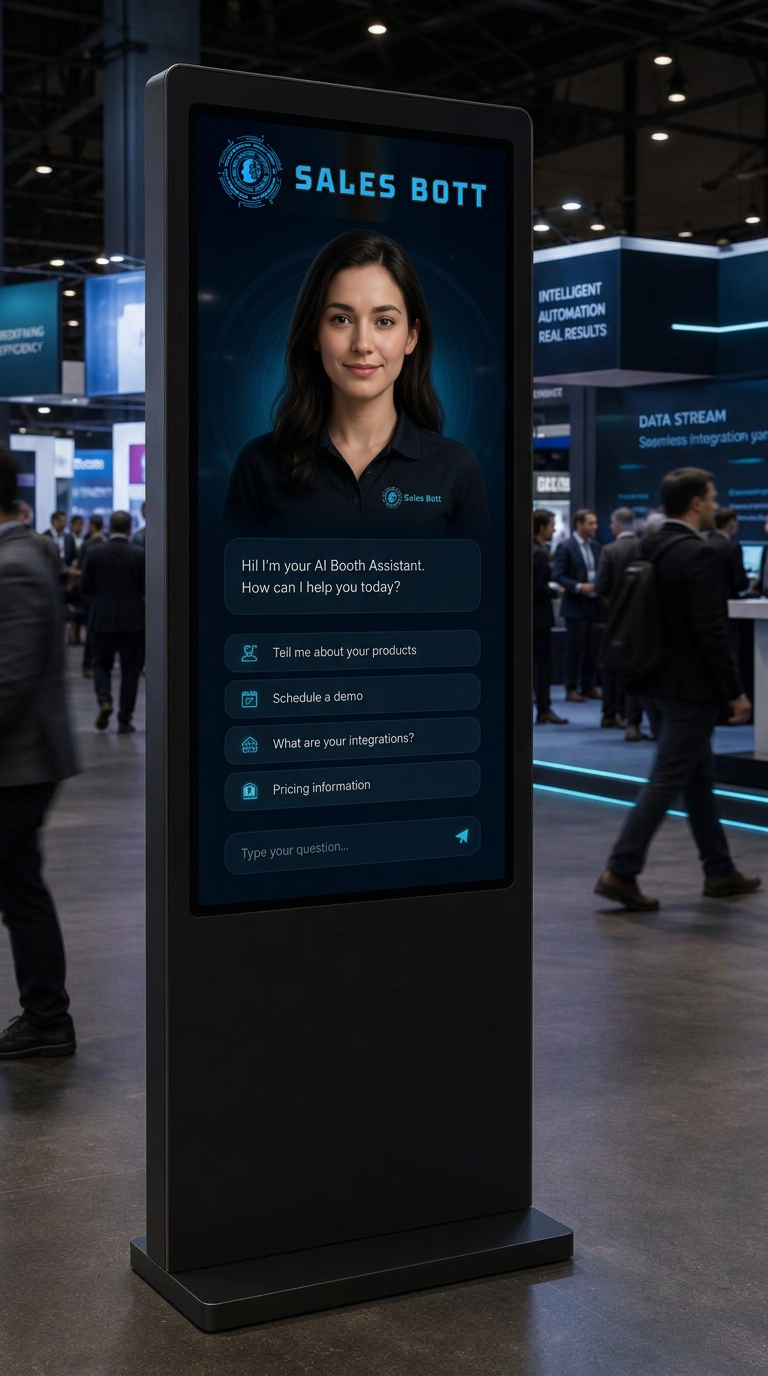Sales Bott AI Booth Assistant on a six-foot free-standing touchscreen kiosk at a trade show